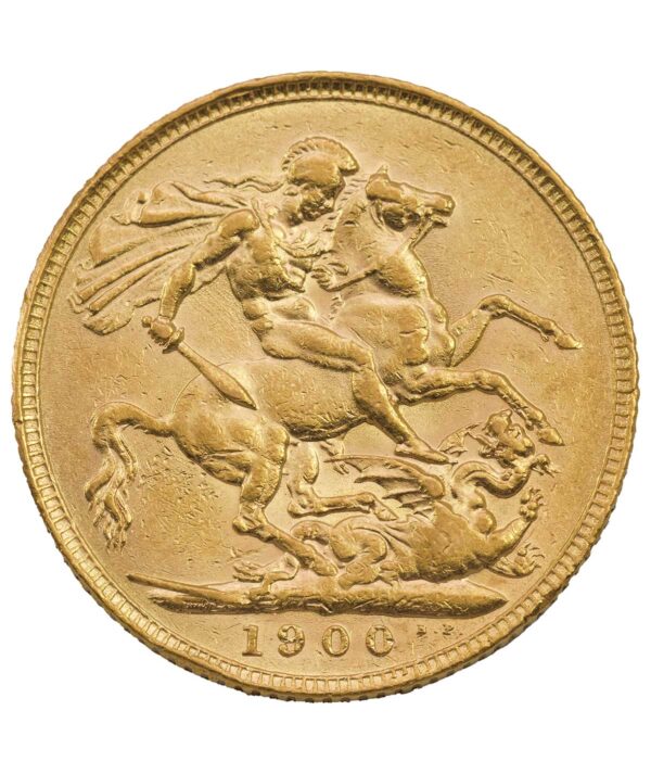 Perspectiva frontal de la cruz de la moneda de oro Soberano Victoria Anciana de 1900