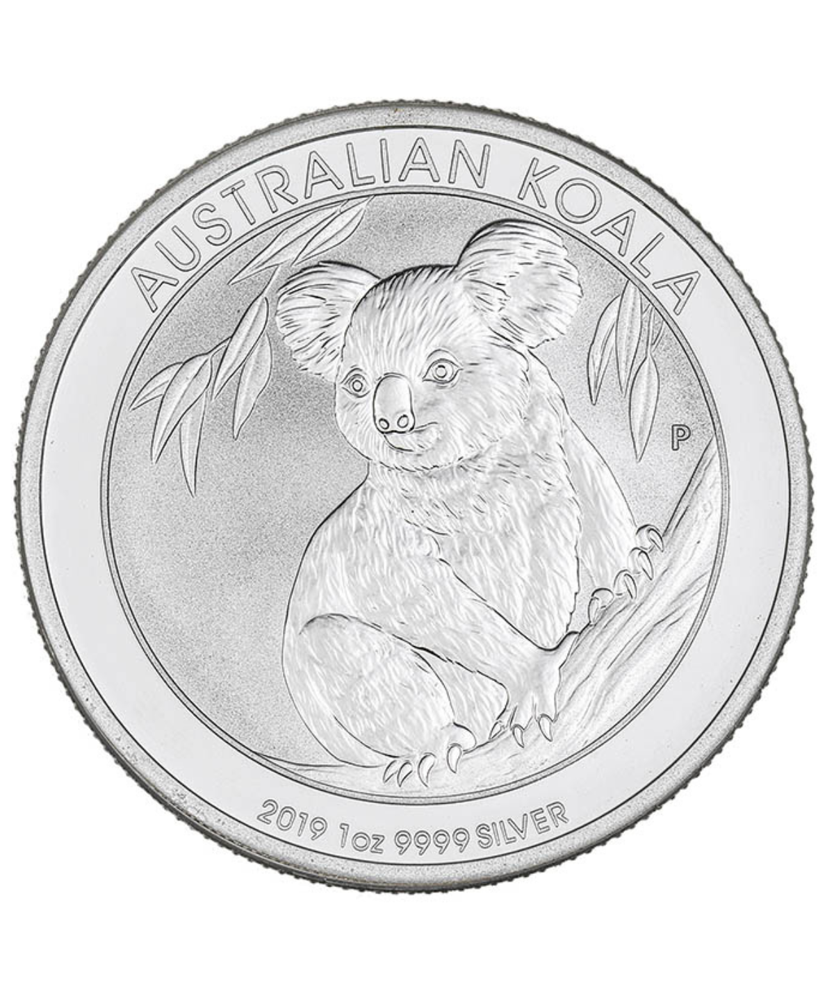 Perpectiva frontal de la cruz de la moneda de plata Koala de 2019 de 1 onza
