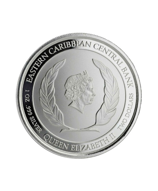 Perspectiva frontal de la cara de la moneda de plata Montserrat de 1oz de 2019