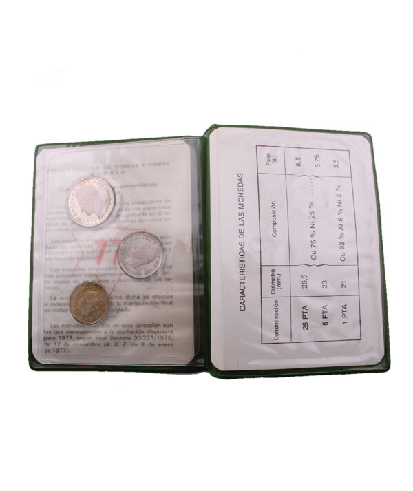 Cruz de las monedas y la cartilla del lote de 3 Monedas Numismáticas de Prueba de 1975 de Juan Carlos I de 1, 5 y 25 pesetas