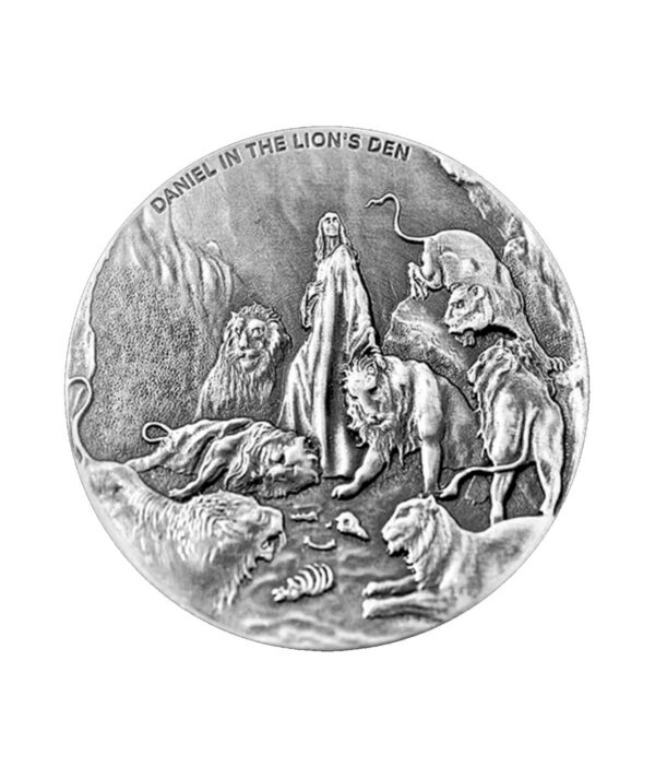 Cruz de la moneda Daniel en el Foso de los Leones, con un diseño fabuloso de la Scottsdale Mint que presenta al protagonista rodeado de leones
