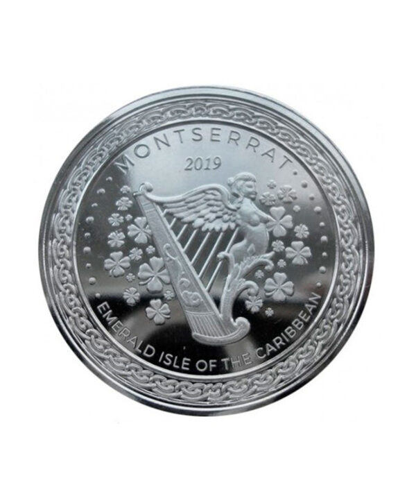 Perspectiva frontal de la cruz de la moneda de plata Montserrat de 1oz de 2019, con el símbolo de la isla caribeña