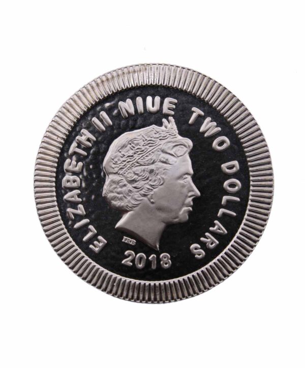 Perspectiva frontal de la cara de la moneda de plata Búho Ateniense de 2018, con el rostro de la reina Isabel II