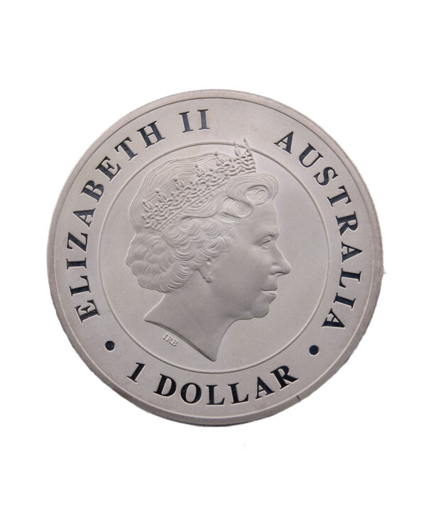 Perspectiva frontal de la cara de la moneda de plata cocodrilo de agua dulce de 1oz de 2014, con el rostro de la reina Isabel II