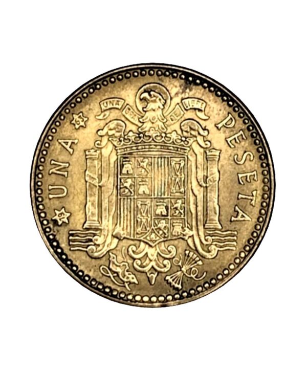 Cruz de la moneda de 1 peseta de Franco de 1963, con el escudo de España antiguo con el águila imperial