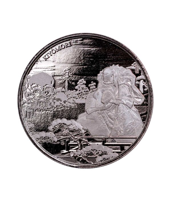 Moneda de plata de 1 onza de Samurai Kiyomori, que muestra al soldado empuñando una katana y mirando a su reino