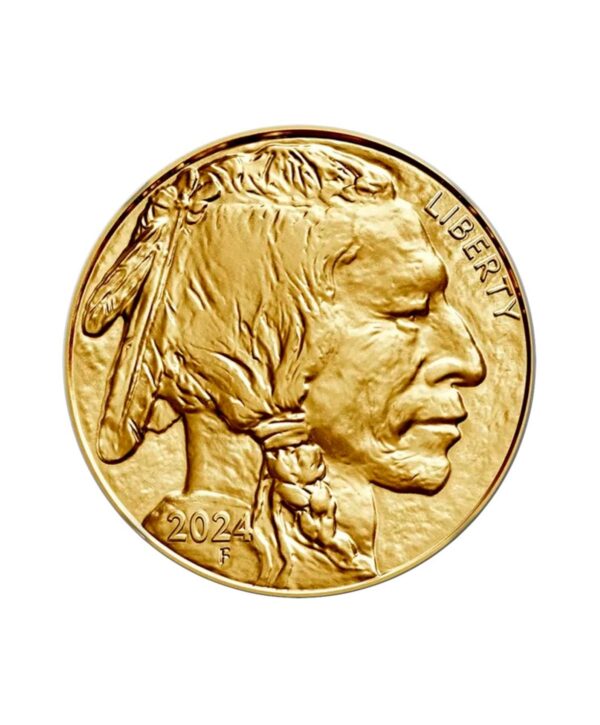 Perspectiva frontal de la cara de la moneda de oro American Buffalo de 1 oz de 2024, con el rostro del nativo americano