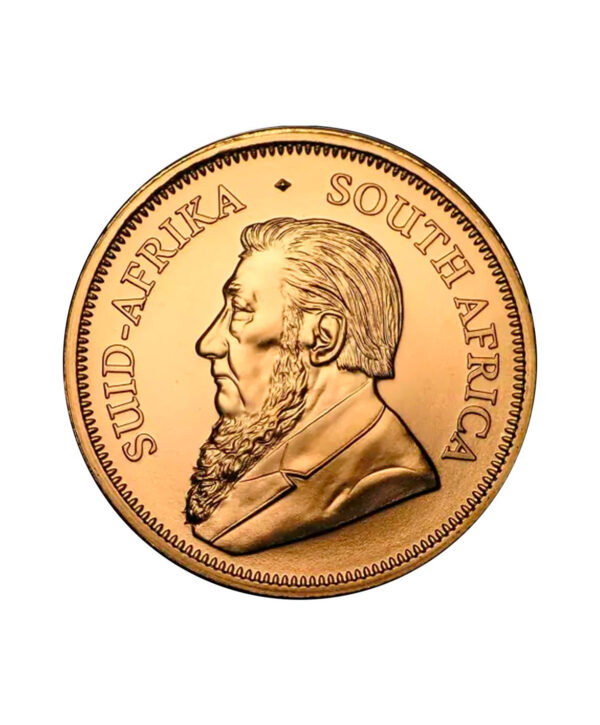 Perspetiva frontal de la cara de la moneda de or Krugerrand de 1/10 onza de 2018, con el rostro del presidente Kruger