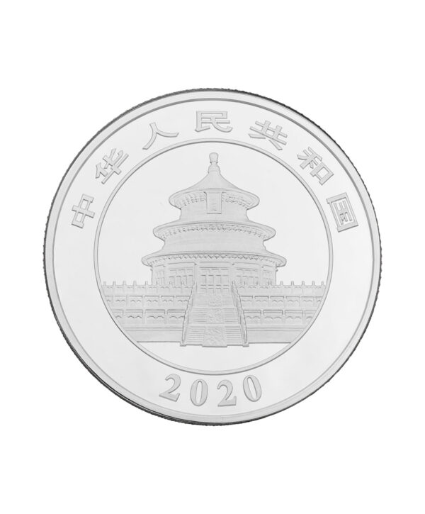 Perspectiva frontal de la cara de la moneda de plata Panda Chino de 1kg de 2020
