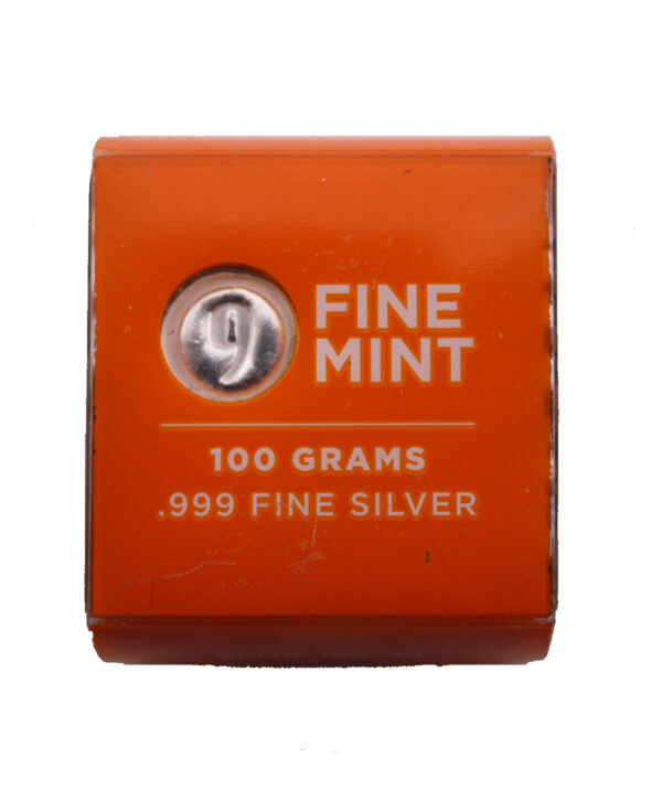 Lingote de 100 gramos de 9Fine Mint, con su envoltorio de color naranja
