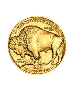 Perspectiva frontal de la cruz de la moneda de oro American Buffalo de 1 oz de 2024, con la imagen del animal de lado