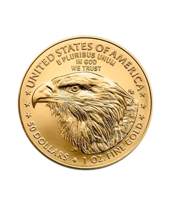 Perspectiva frontal de la cara de la moneda de oro American Eagle de 1 oz de 2024, con el rostro del águila
