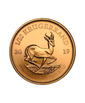 Perspetiva frontal de la cara de la moneda de or Krugerrand de 1/10 onza de 2019, con la imagen del antílope