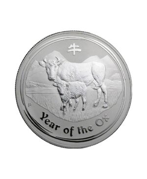 Moneda de plata Año del Buey de 1kg de 2009, con la imagen de dos carneros sobre un campo silvestre