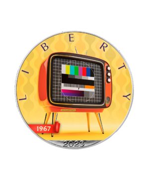 Perspectiva frontal de la moneda de plata policromada TV a color de 1oz de 2024, que muestra una televisión antigua con un aura naranja