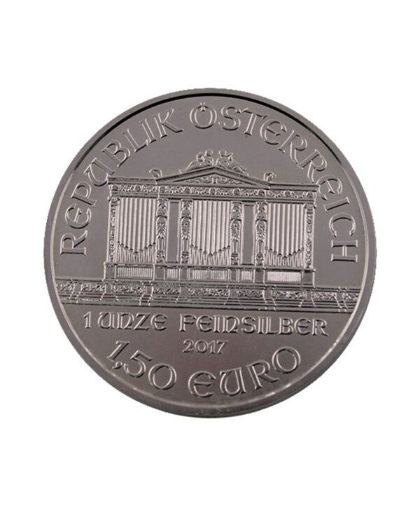 Perspectiva frontal de la cara de la moneda de plata Filarmónica de Viena de 1oz de 2017, con el dibujo de un órgano