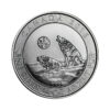 Perspectiva frontal de la moneda de plata Howling Wolves de 3/4oz de 2016, que muestra a dos canes bajo la lluvia