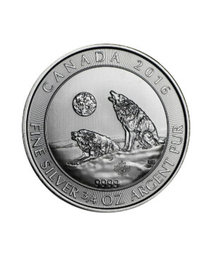 Perspectiva frontal de la moneda de plata Howling Wolves de 3/4oz de 2016, que muestra a dos canes bajo la lluvia