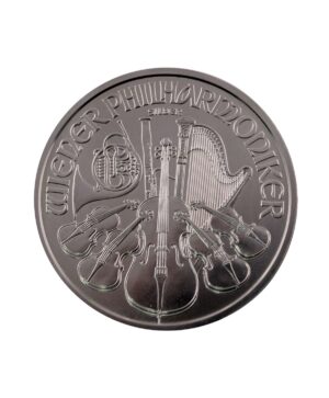 Perspectiva frontal de la moneda de plata Filarmónica de Viena de 1oz de 2017, con el dibujo de todos los instrumentos