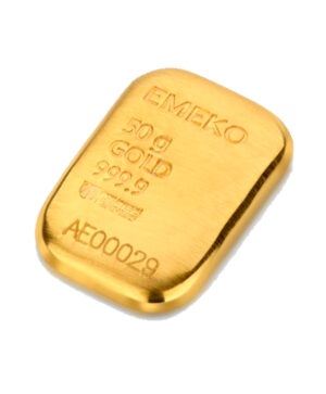 Perspectiva frontal del lingote de oro de 50g Emeko, que muestra todas las especificaciones del producto y su número de serie
