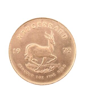 Perspectiva frontal de la cruz de la moneda de oro Krugerrand de 1oz de 1972, con la imagen del antílope