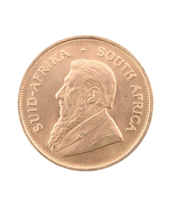 Perspectiva frontal de la cara de la moneda de oro Krugerrand 1 oz de 1973, con el rostro de Paul Kruger