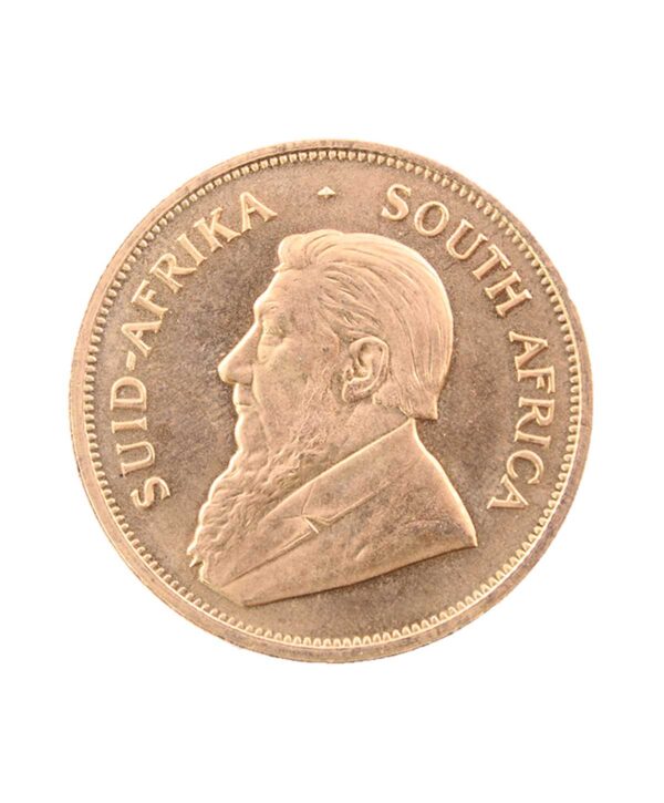 Perspectiva frontal de la cara de la moneda de oro Krugerrand 1 oz de 1977, con el rostro de Paul Kruger