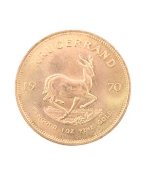 Perspectiva frontal de la cruz de la moneda de oro Krugerrand de 1oz de 1970, con la imagen del antílope