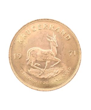 Perspectiva frontal de la cruz de la moneda de oro Krugerrand de 1oz de 1971, con la imagen del antílope