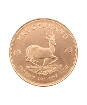 Perspectiva frontal de la cruz de la moneda de oro Krugerrand de 1oz de 1973, con la imagen del antílope