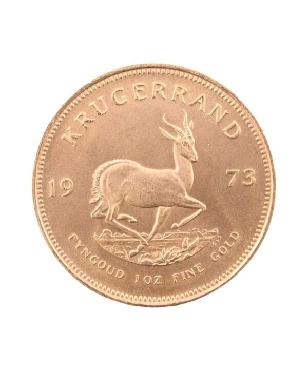 Perspectiva frontal de la cruz de la moneda de oro Krugerrand de 1oz de 1973, con la imagen del antílope