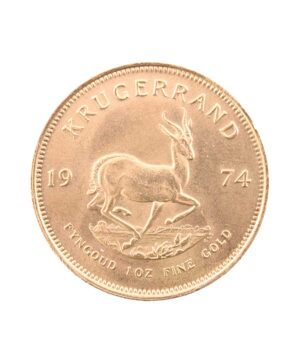 Perspectiva frontal de la cruz de la moneda de oro Krugerrand de 1oz de 1974, con la imagen del antílope