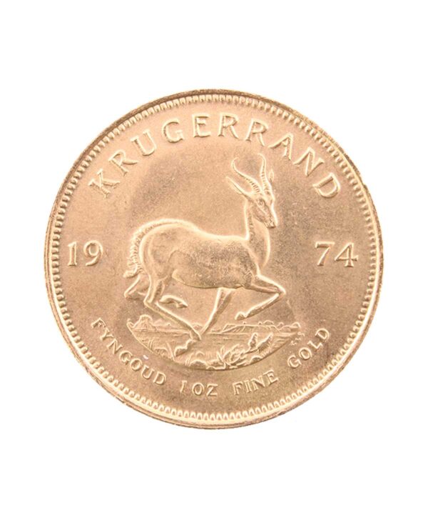 Perspectiva frontal de la cruz de la moneda de oro Krugerrand de 1oz de 1974, con la imagen del antílope