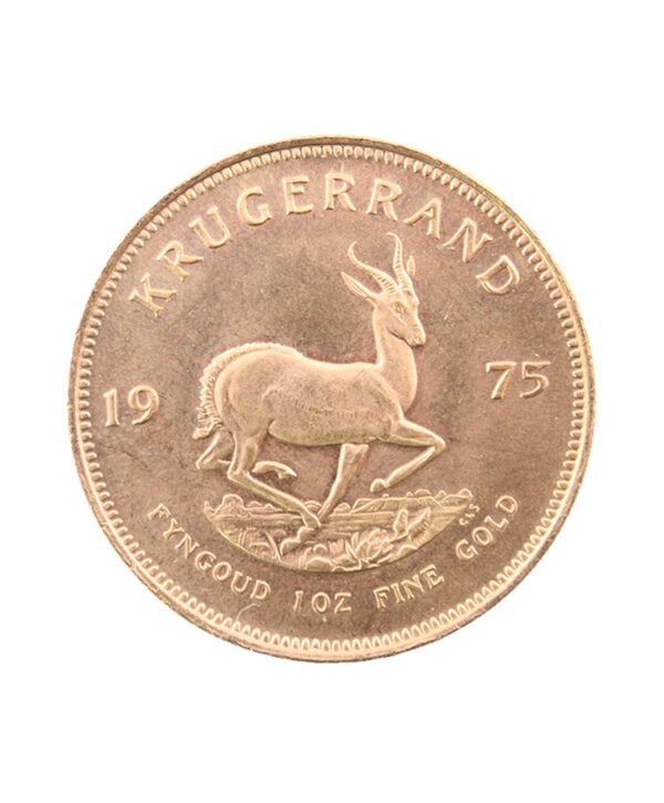 Perspectiva frontal de la cruz de la moneda de oro Krugerrand de 1oz de 1975, con la imagen del antílope