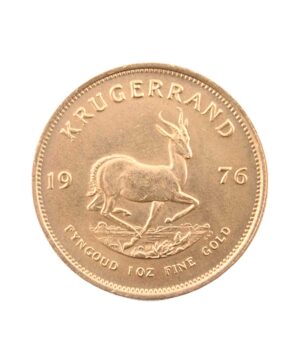 Perspectiva frontal de la cruz de la moneda de oro Krugerrand de 1oz de 1976, con la imagen del antílope