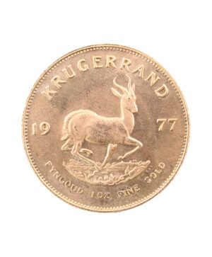 Perspectiva frontal de la cruz de la moneda de oro Krugerrand de 1oz de 1977, con la imagen del antílope