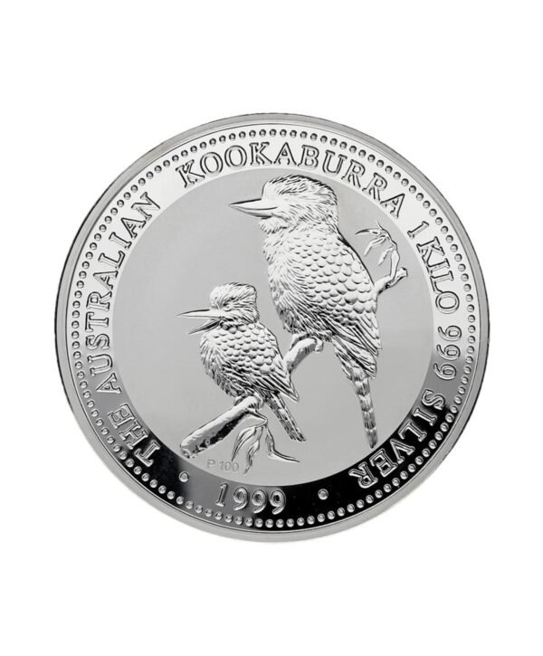 moneda-plata-kookaburra-1kg-1999 Perspectiva frontal de la cruz de la moneda de plata Kookaburra de 1kg de 1999, que muestra a una madre junto a su hijo