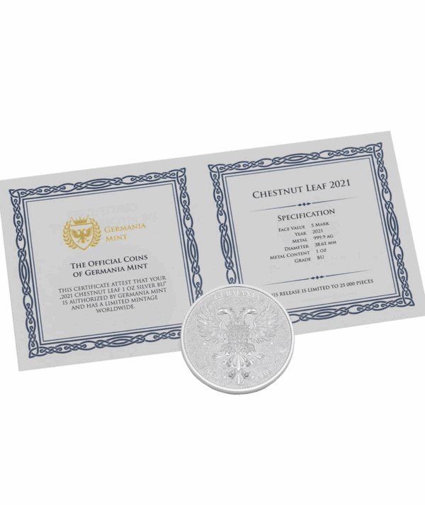 Moneda Plata Chestnut Leaf 1 oz 2021 - Serie Mythical Forest anverso/GoldenArt