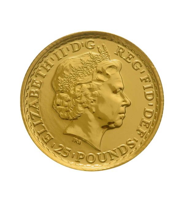 cara-moneda-oro-britannia-1-4-oz-2013 Perspectiva frontal de la cara de la moneda de oro Britannia de 1/4oz de 2013