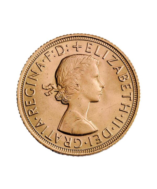 cara-moneda-oro-soberano-isabel-ii-1959 Perspectiva frontal de la cara de la moneda de oro Soberano de Isabel II de 1959