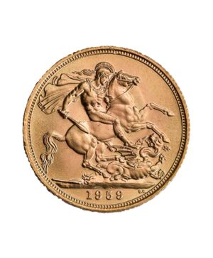 moneda-oro-soberano-isabel-ii-1959 Perspectiva frontal de la cruz de la moneda de oro Soberano de Isabel II de 1959
