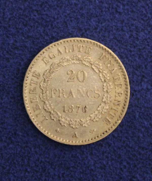 Moneda Oro 20 Francos Franceses Génie 1876_ reverso/GoldenArt Moneda Oro 20 Francos Franceses Génie 1876