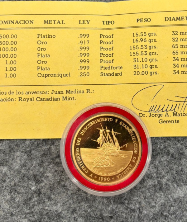 Moneda Oro V Centenario del Descubrimiento y Evangelización de América 1990_ reverso/Goldenart Moneda Oro V Centenario del Descubrimiento y Evangelización de América 1990