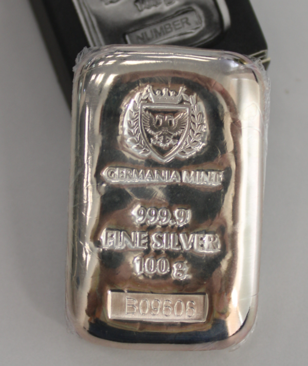 Lingote Plata 100 gr Germania Mint_ anverso/Golden