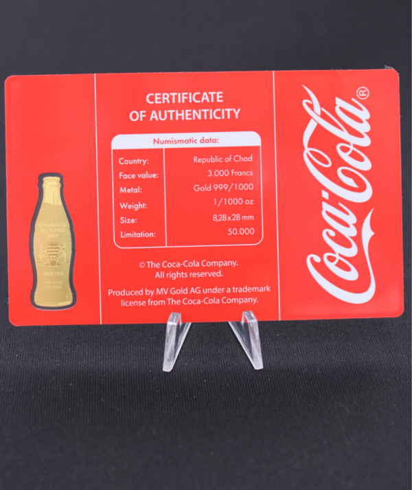 Moneda Oro Botella Coca-Cola 11000oz 2023_ REVERSO_GOLDENART Moneda Oro Botella Coca-Cola 1/1000oz 2023