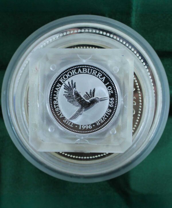 Las 4 monedas de la colección Kookaburra de 1996 de 1, 2 y 10 onzas además de 1kg de plata